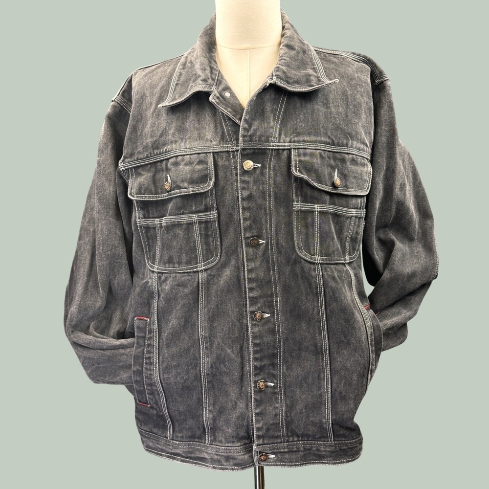 Vintage‎ Y2K NYUS JEANS Black Denim Jacket XL Baggy Hip Hop Streetwear Russia